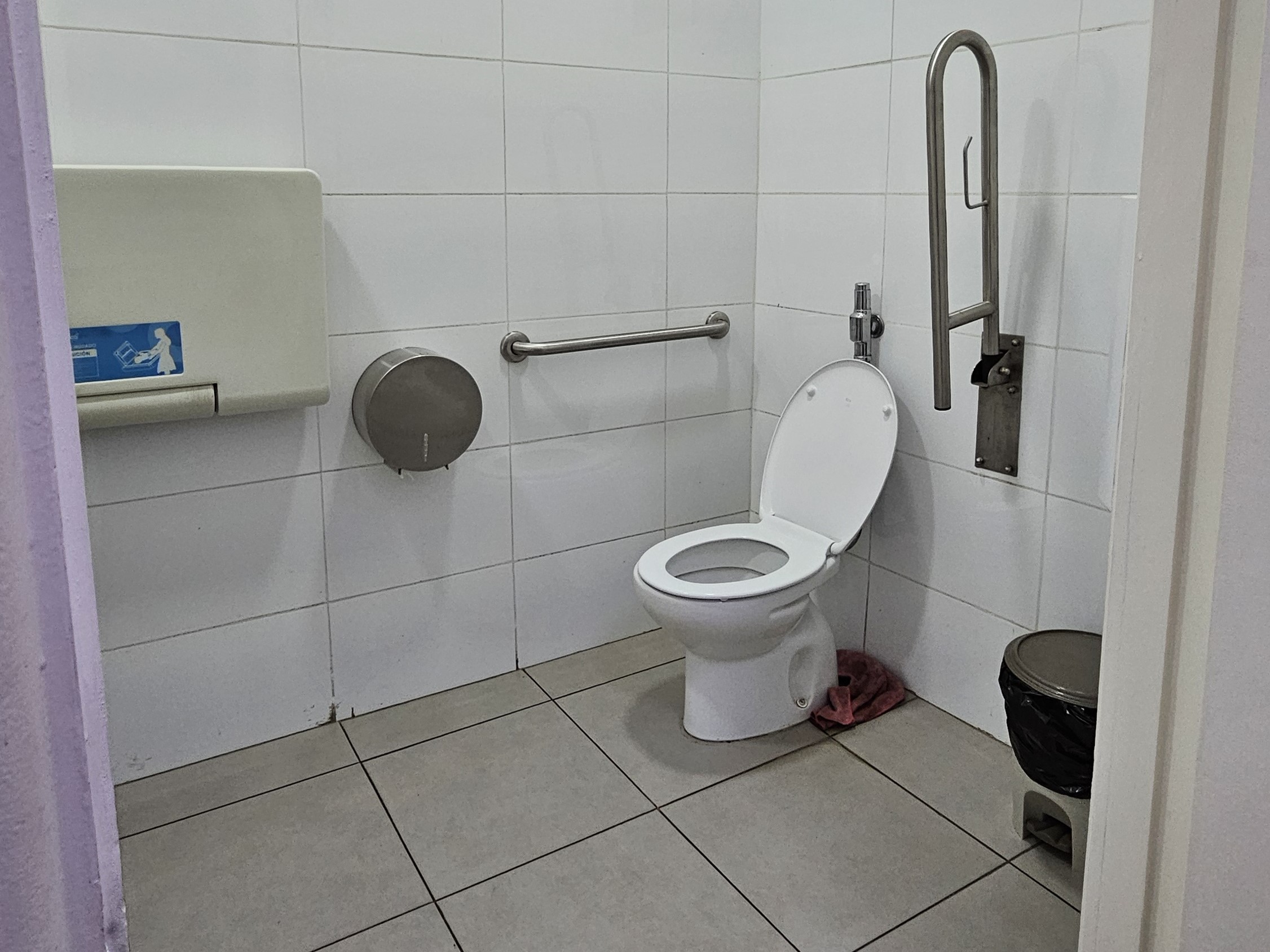 Fotografía del Baño accesible con barras de apoyo y papelero cercano